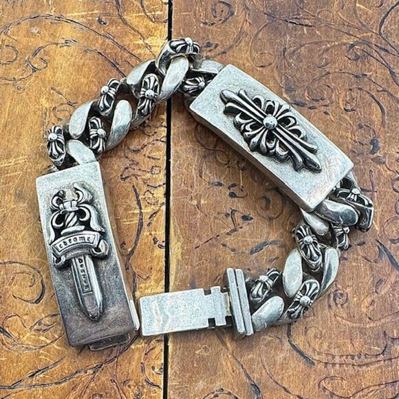 Chrome Hearts Dagger Dual I.D. Sterling Silver Unisex Bracelet Rockstar - Picture 9 of 12